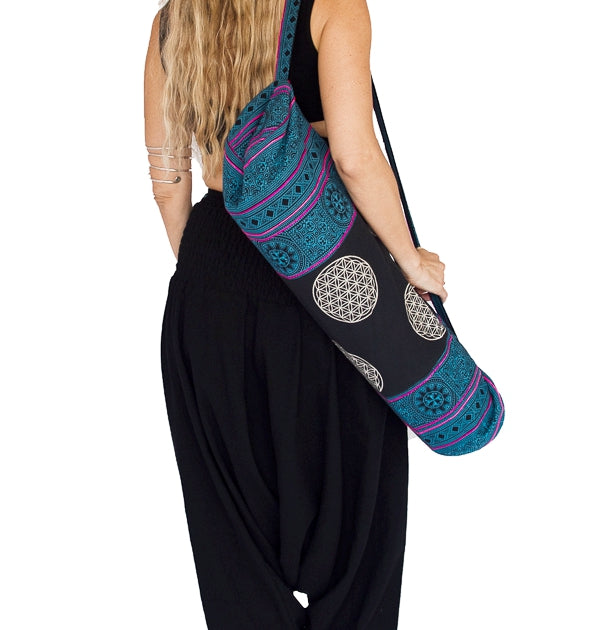 Yoga Mat Bag In Tribal Electric Blue Flower Of Life Design The