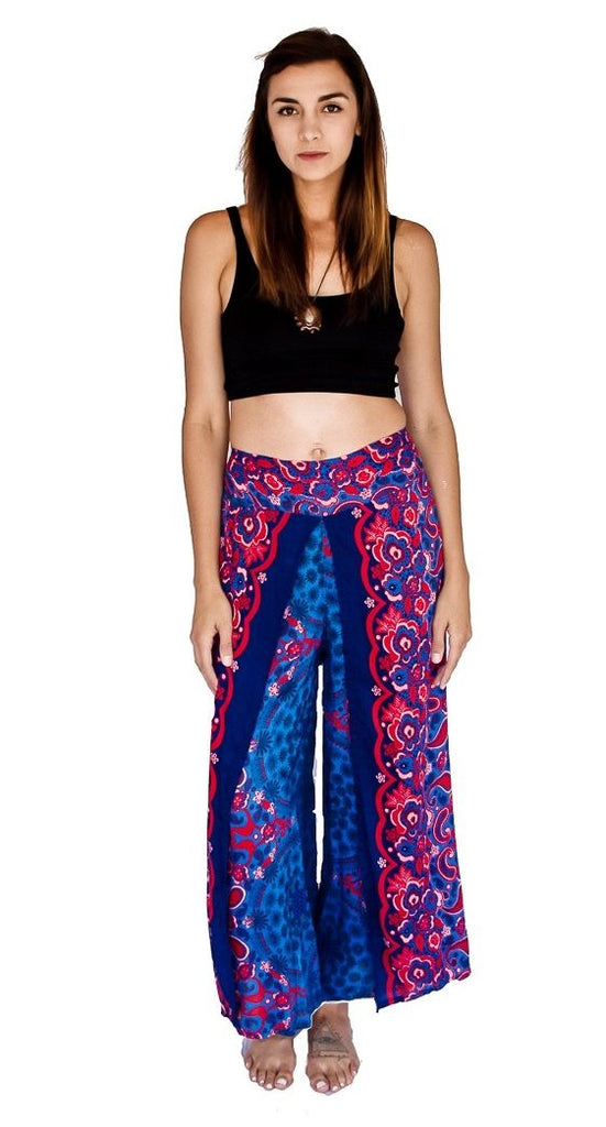 Flower Design Open Leg Pants in Blue – The High Thai