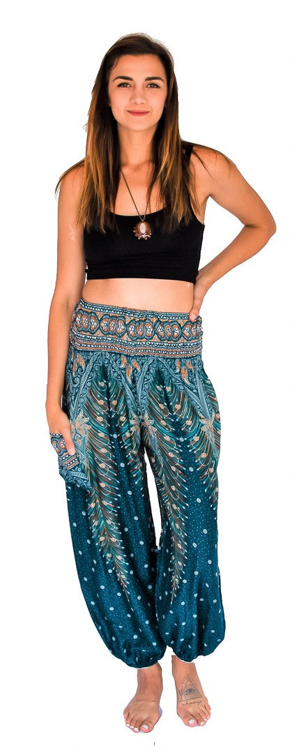 Feather Design Straight Leg Harem Pants in Turquoise – The High Thai