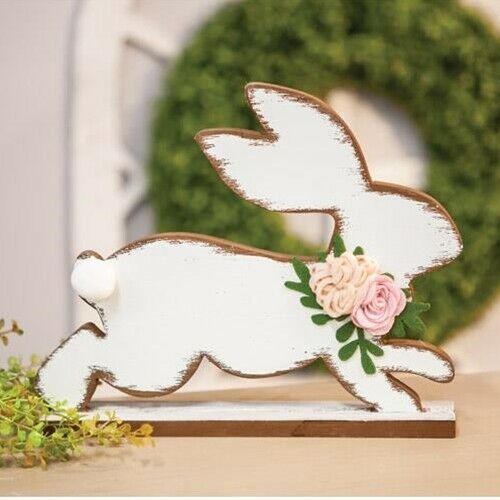 Distressed jumping Easter Bunny with flowers wooden figure