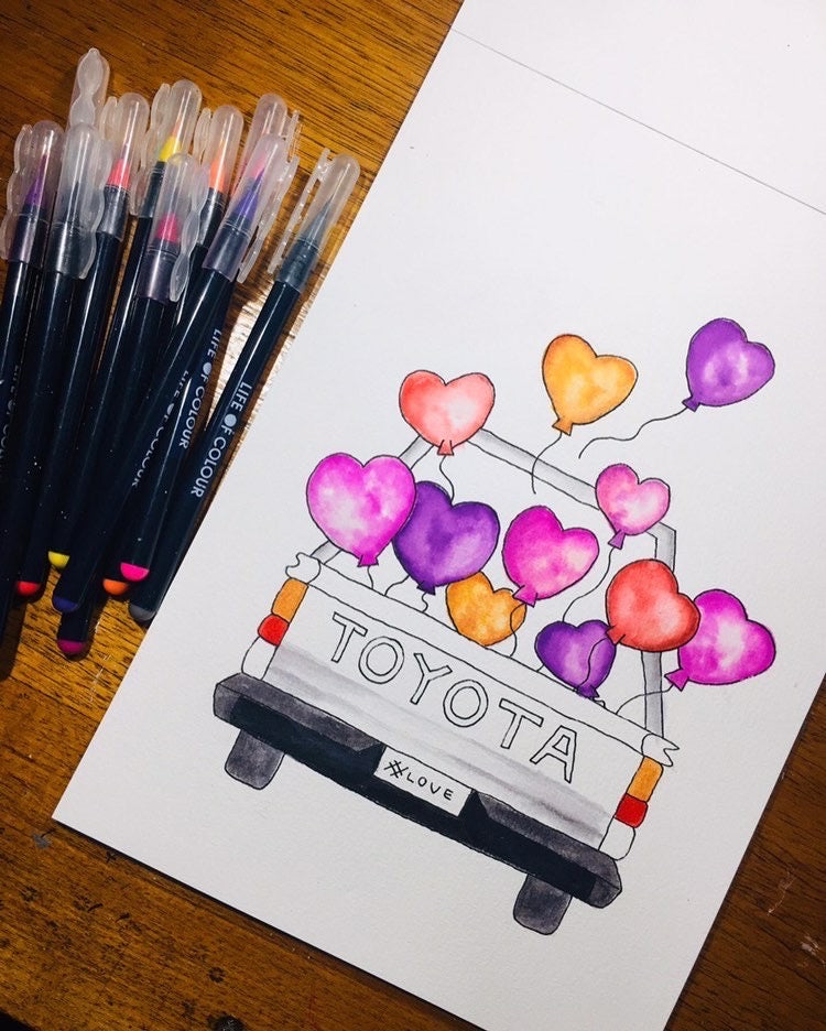 watercolour balloons in toyota ute