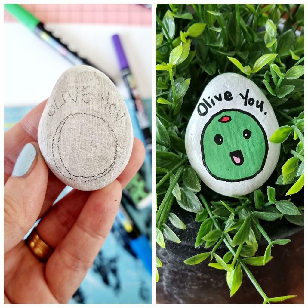 "Olive you" valentines puns rock painting ideas