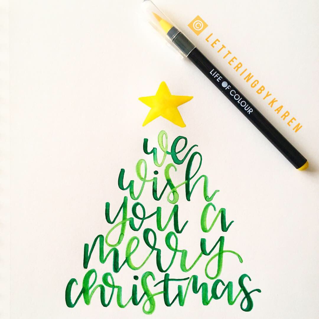 we wish you a merry christmas brush lettering in christmas tree with life of colour pens