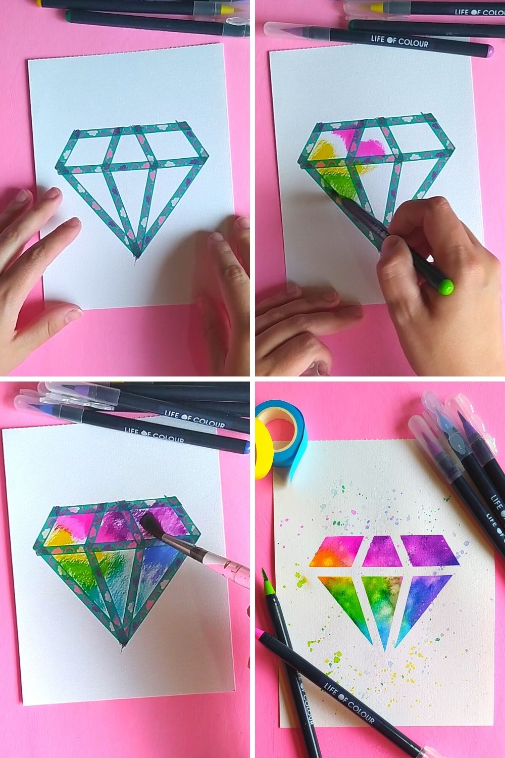 Rainbow diamond watercolour card using washi tape