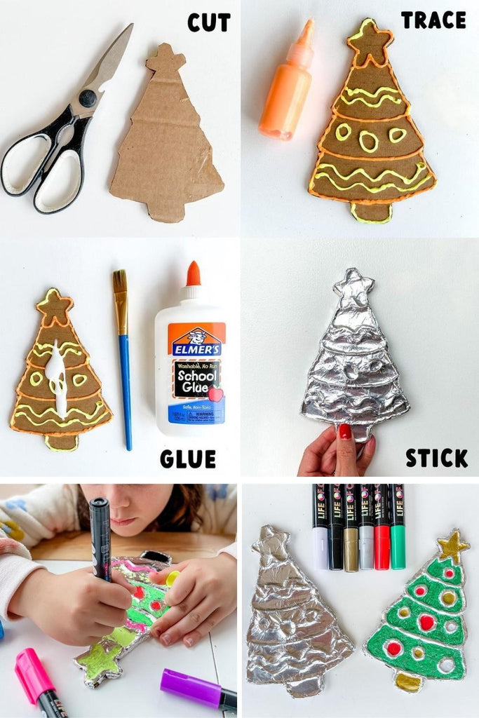 tin foil ornaments with puffy paint and paint pens