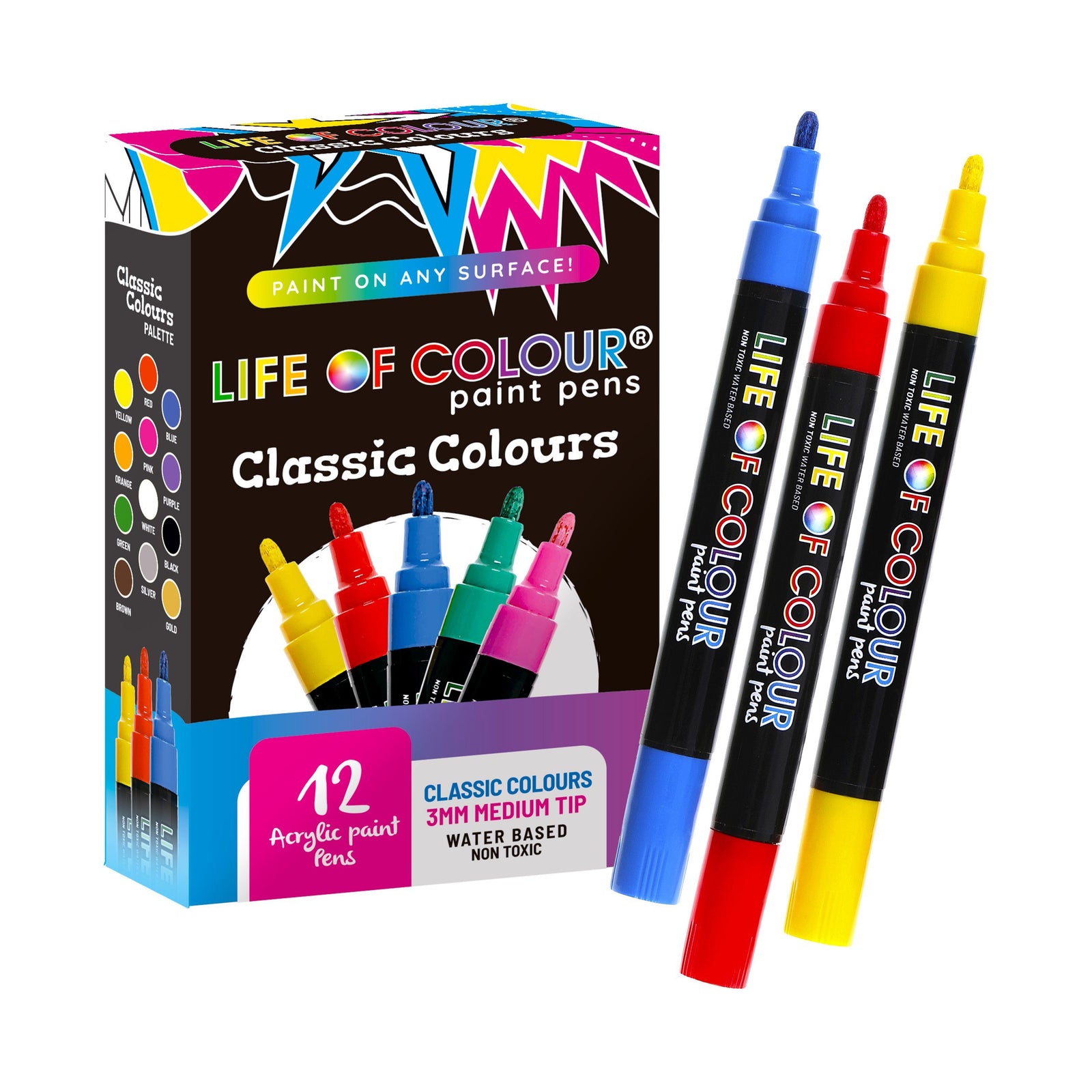 12 Colour Glitter paint pens 3mm for rock painting, all surfaces, similar  to Posca - Life of Colour