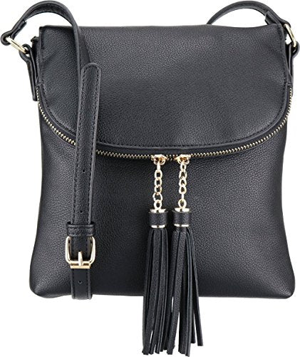 B BRENTANO Vegan Medium Flap-Over Crossbody Handbag with Tassel Accents