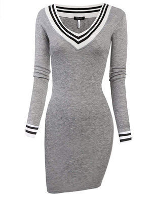 ACEVOG Women's V-Neck Long Sleeve Basic Knit Sweater Bodycon Mini Dress