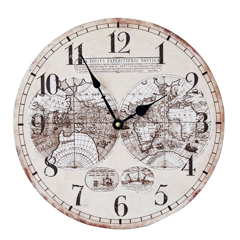 Antique Shabby Chic Wall Clock With World Map Design 35cm Diameter