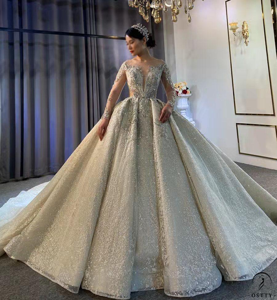 OSTTY - High level Grey Long Sleeve V Neck beading Wedding Dress OS4084 ...