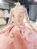 Pink Long Sleeve Embroidery Simple Luxury Long Tailling Wedding Dress 0001 - Party Dress $499.99