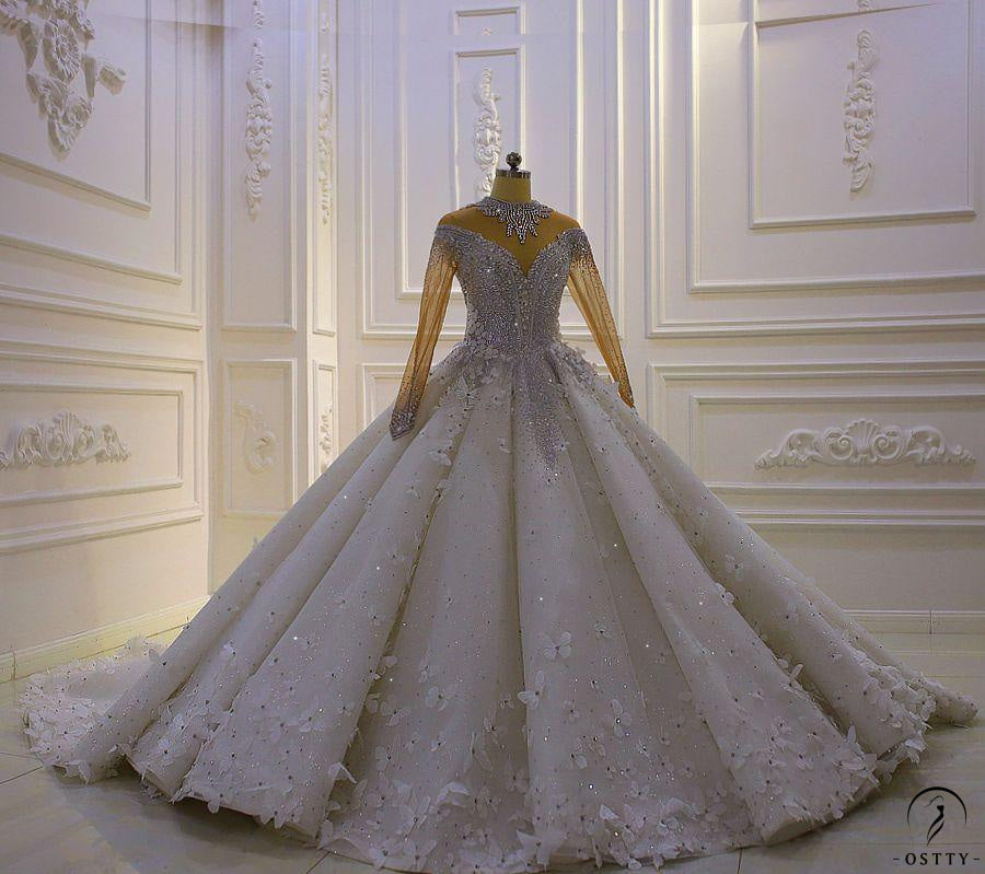 OSTTY - Luxury White Wedding Dress Long Sleeve Full Beading Ball Gown ...