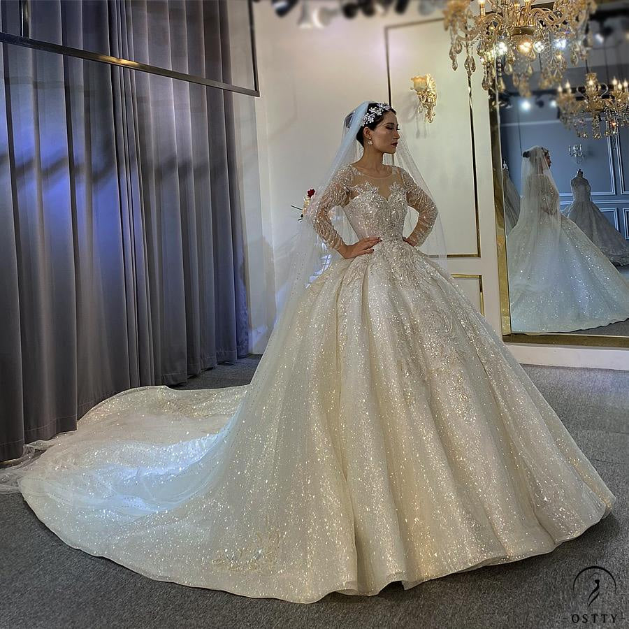 OSTTY - Luxury White Wedding Dress Long Sleeve Full Beading Ball Gown ...