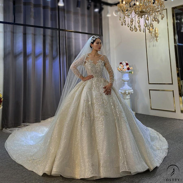 OSTTY - Luxury White Wedding Dress Long Sleeve Full Beading Ball Gown ...