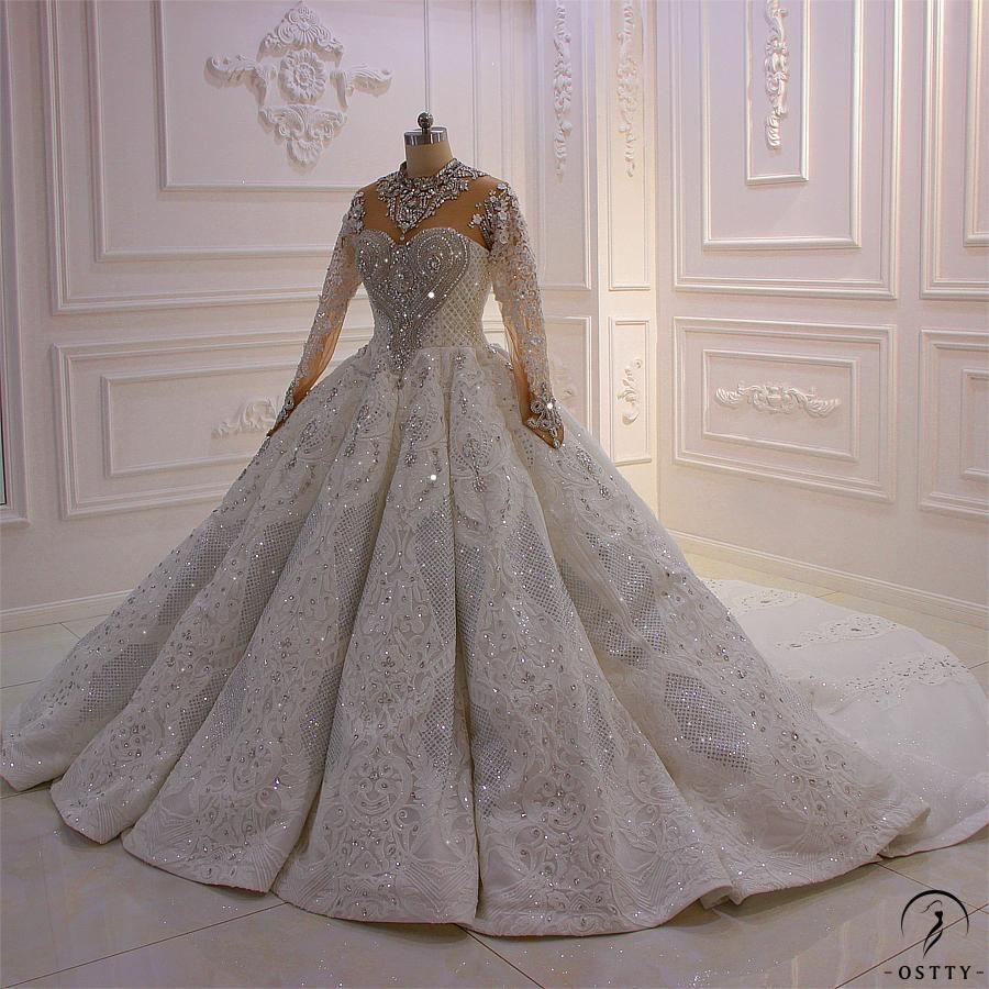 OSTTY - Luxury White Wedding Dress Long Sleeve High Neck Full Beading ...