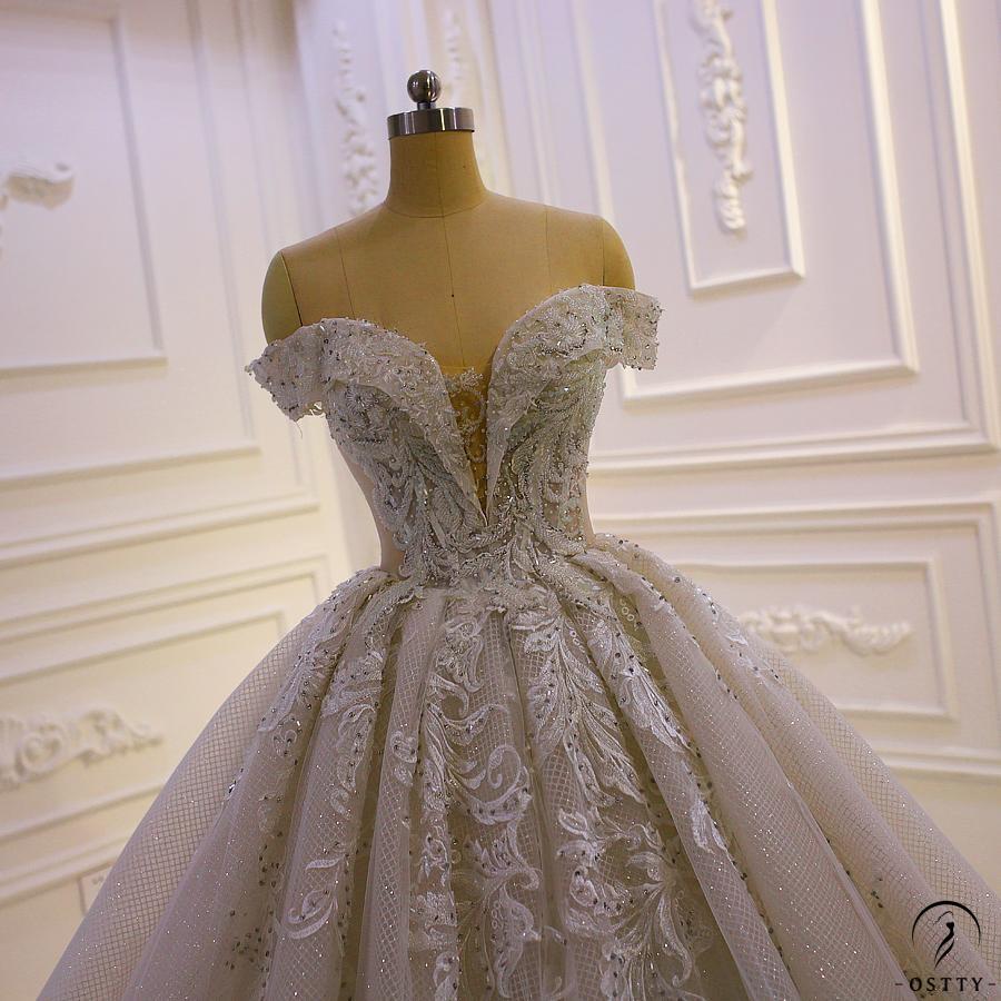 OSTTY - White One Shoulder V Neck Sleeveless Wedding Dress Ball Gown ...