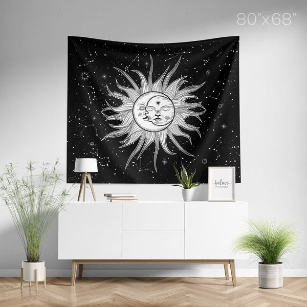 Sun and Moon Black and White Wall Tapestry - Large