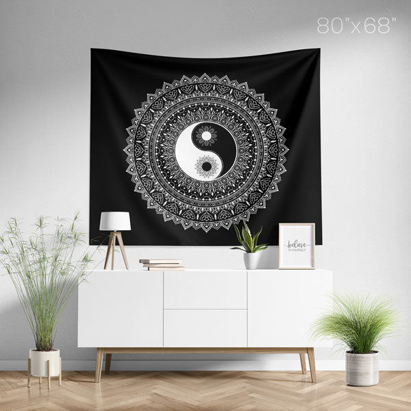 Yin Yang Black White Mandala Tapestry Large