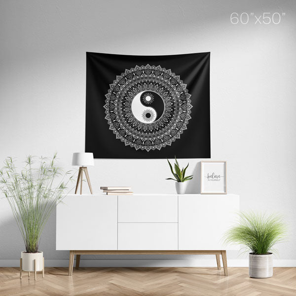 Yin Yang Black White Mandala Tapestry Medium