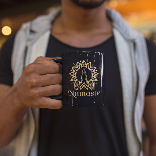 Namaste Gold Lettering Mandala Yoga Black Coffee Mug Gift