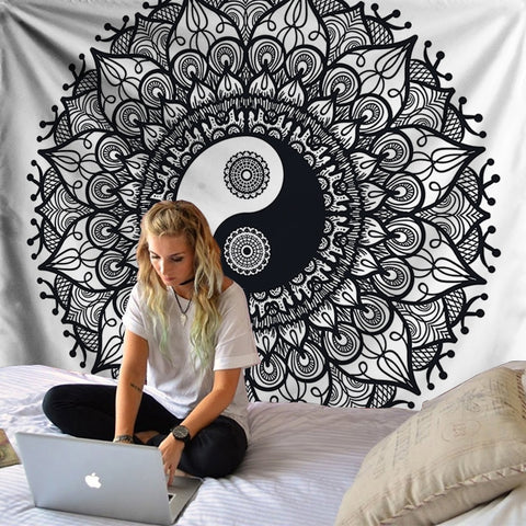 Black and White Yin Yang Mandala Tapestry