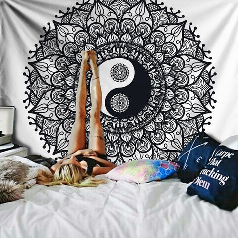 Black and White Yin Yang Mandala Tapestry