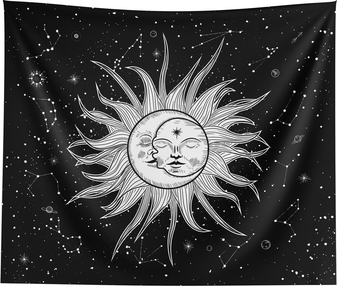 Sun and Moon Black and White Spiritual Boho Wall Hanging Tapestry