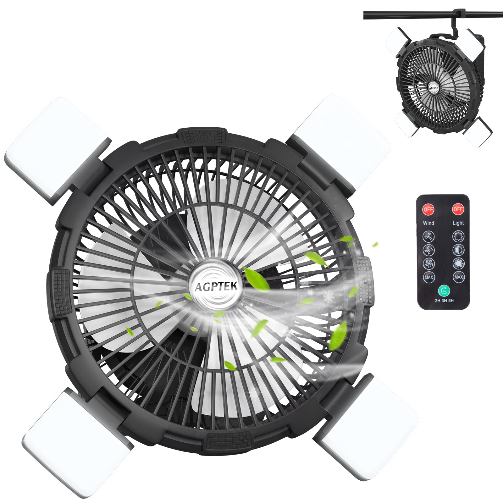  Rechargeable Outdoor Camping Fan 8000mAh Battery Powered Tent Fan with LED Light & Hook, Portable for Picnics, BBQ, Fishing, Travel, Construction