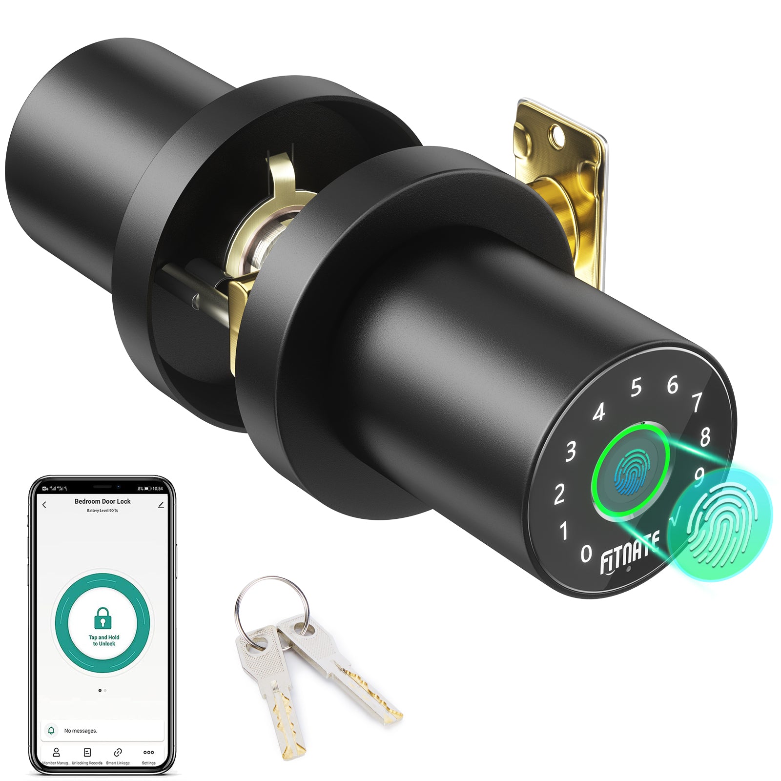 FITNATE 4-in-1 Smart Fingerprint Door Lock - Fingerprint Unlock, Password Unlock, App Control, Emergency Backup Key, Suitable for Office, Home, and Hotel