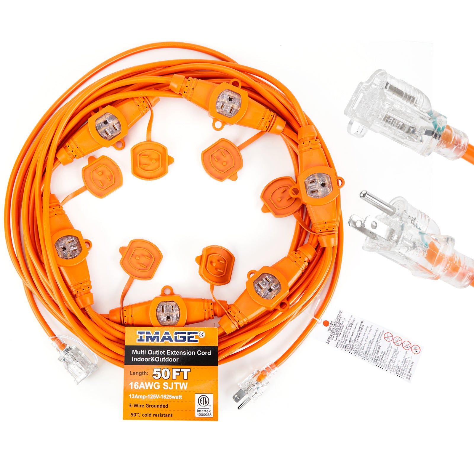 IMAGE 50FT Multi-Outlet Extension Power Cord 3 Prong,for Indoor and Outdoor 7 Socket Inline Outlet. LED Power Indicator.16 Gauge SJTW Cable Nema 5-15P Plug to Nema 5-15R Connector,ETL Listed 7 Outlet Cable