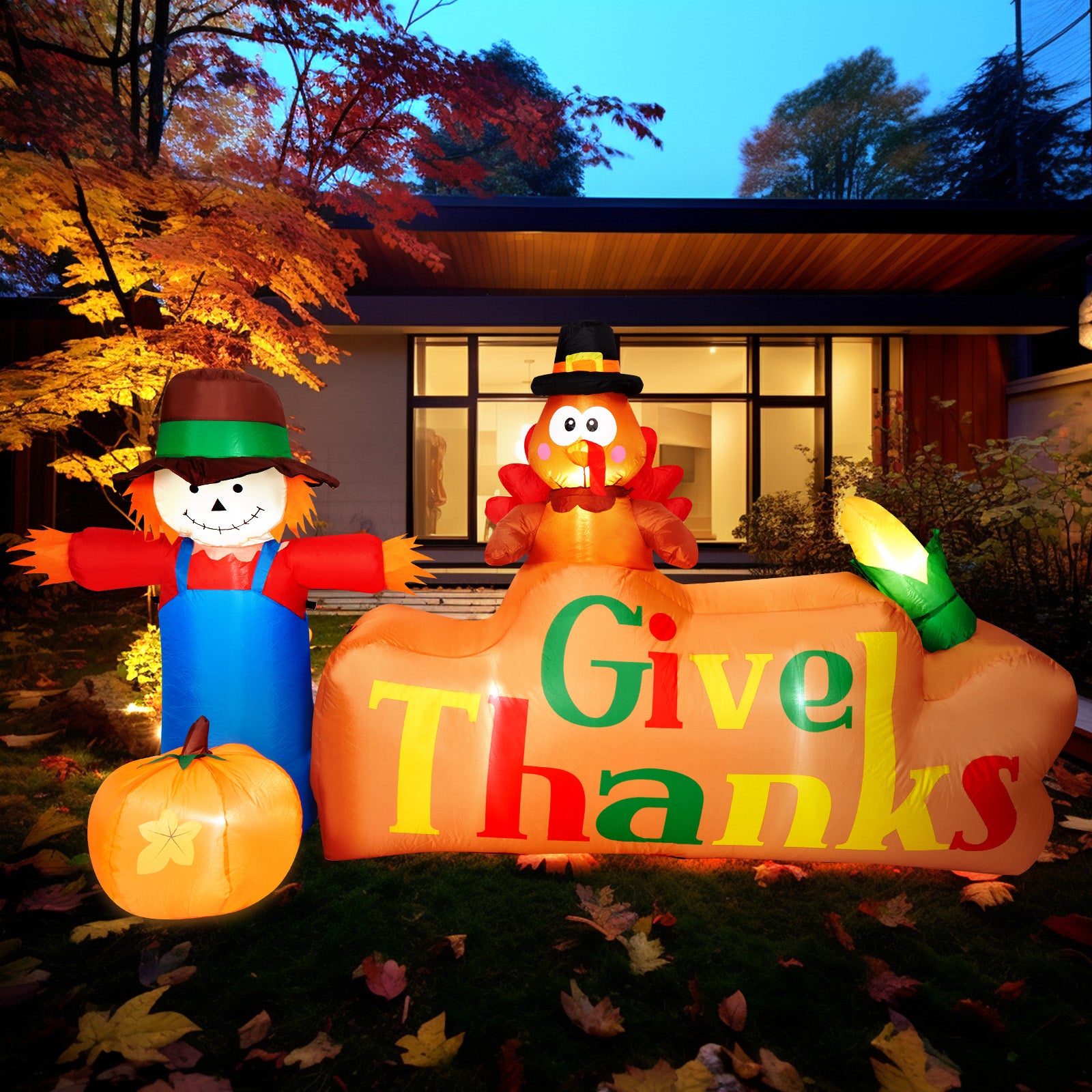  8Ft Autumn Outdoor Built-in LED Inflatable Scarecrow and Turkey – Thanksgiving Inflatable Decorations Great for Home, Yard, Lawn