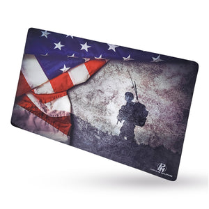 Gun Cleaning Mat by PH - Measures 11" x 17" 3 mm Thick | Oil and Solvent Resistant Padded Non-Slip | Compatible with compact to large guns | For Maintenance or repairs to your firearm (Flag+Soldier)