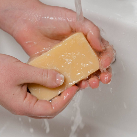 Washing hands with Lemongrass Goat Milk Soap