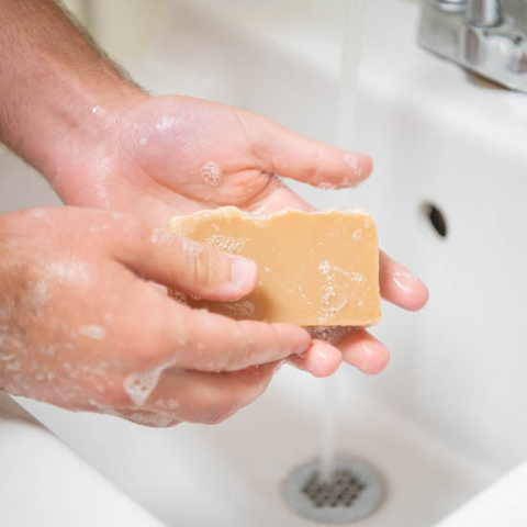 Washing hands with Lemongrass Goat Milk Soap