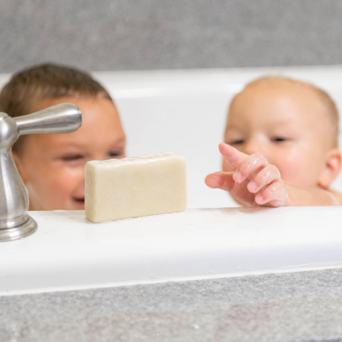 Landon and Michael in bathtub with Castile Goat Milk Soap