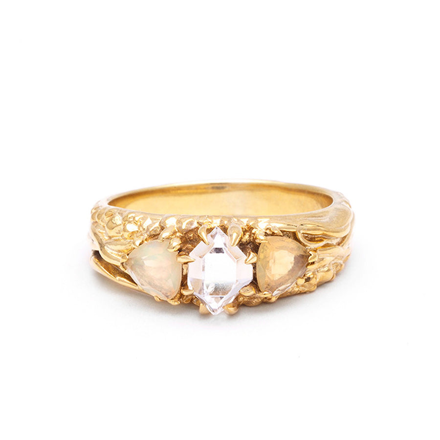 TRI-REALM MATRIX RING | 14K GOLD | HERKIMER DIAMOND & OPAL