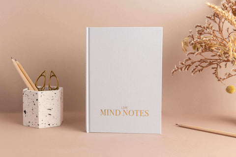 lsw mind notes daily mindfulness and gratitude diary with prompts standing next to a pencil and pen pot with a plant on the other side
