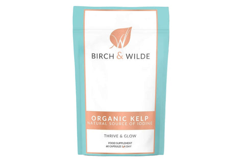 Pack shot of birch and wilde organic sea kelp iodine capsules pouch