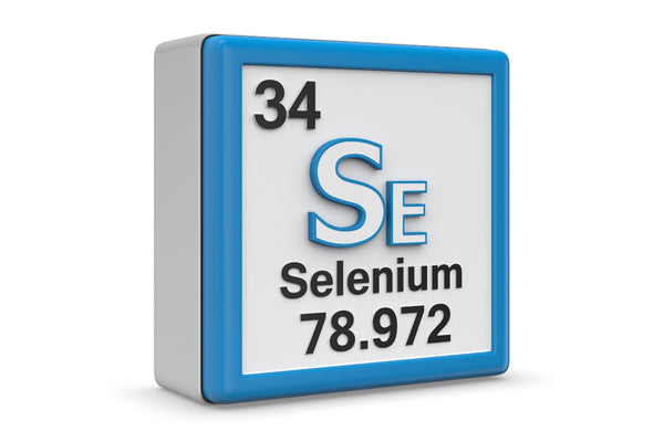 Image of a large white tile with a blue border and the chemincal symbol for selenium Se written on it, with a white background