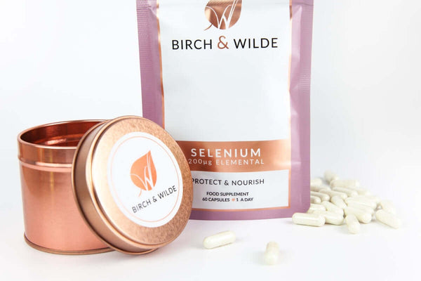 Birch & Wilde Elemental Selenium capsules refill pouch with rose gold refill tin