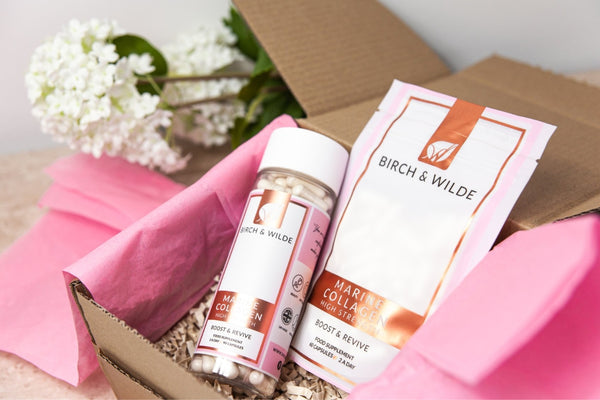 Marine collagen capsules from birch and wilde in a refill pouch and a bottle, packed beautiful ready to be shipped