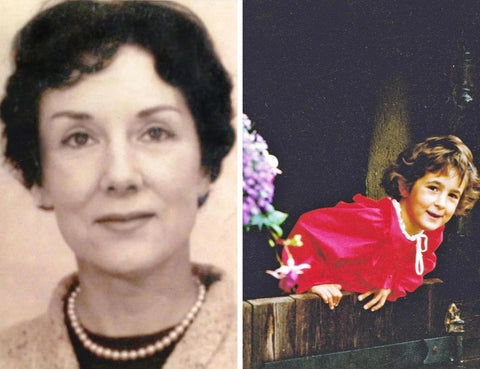 Young Tara Barton in a red dress, leaning over a door with purple summer flowers to one side, with a glamourous image of Ruby Wilde, black and white, tara's grandmother