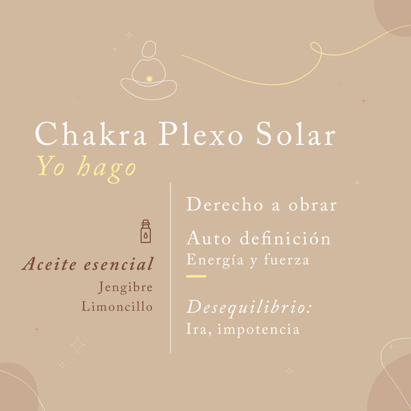 Chakra plexo solar, yo hago. Derecho a obrar. Autodefinición, energía y fuerza. Desequilbrio: Ira, impotencia. Aceite esencial: Jengibre, Limoncillo