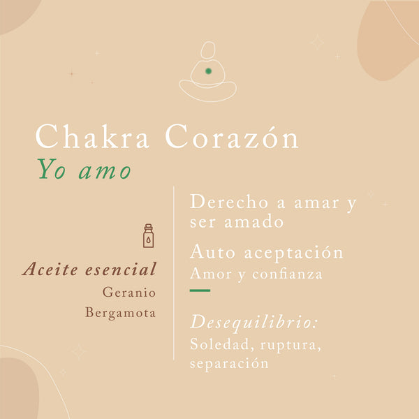 Chakra Corazón, yo amo. Derecho a amar y ser amado. Auto aceptación, amor y confianza. Desequilibrio: Soledad, ruptura y separación. Aceites esenciales: Geranio, Bergamota 