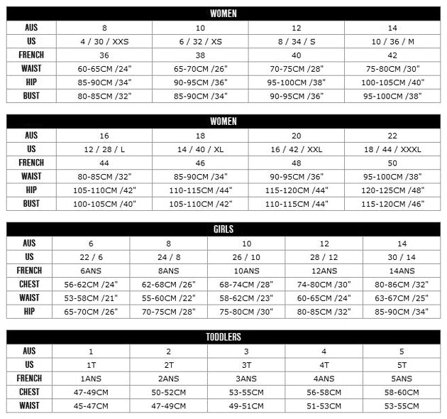 Uglies Swimwear Size Chart