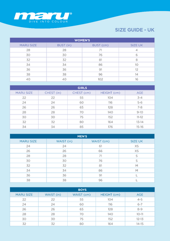 Size Charts – Aqua Swim Supplies