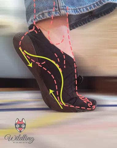 Ein Fuß in einem Wildling Shoes Barfußschuh, auf dem Ballen stehend. Auf dem Fuß eine grafisch Zeichnung, die den Windlass-Mechanismus illustrieren soll.