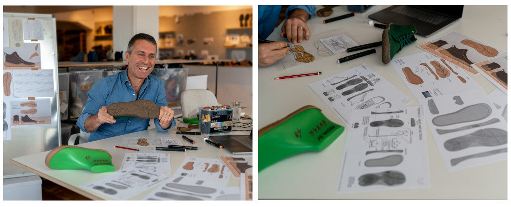 Two photos side by side: Wildling employee Markus, sitting at a desk, laughing as he holds a last in the air. Next to it: Close-up of the desk and the design drafts for the new sole shape spread out on it.