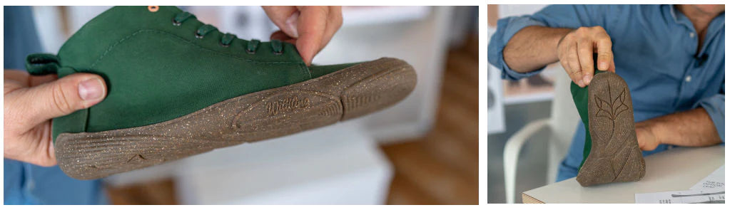 Zwei Fotos nebeneinander: Nahaufnahme eines Wildling-Schuhs mit neuer Sohlenform von der Seite. Daneben: Nachstellung eines aufgerichteten Fußes mit der neuen Sohlenform.