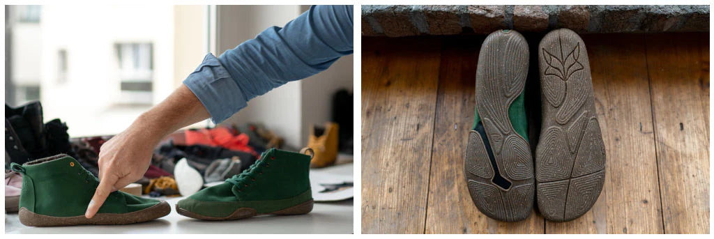 Zwei Fotos nebeneinander: Seitenansicht eines Wildling-Schuhs mit klassischer Sohlenform und eines mit neuer Sohlenform. Daneben: Ansicht von unten auf die beiden Sohlenformen.